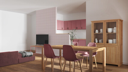 Naklejka na ściany i meble Modern scandinavian dining and living room in white and red tones. Wooden table with chairs, partition wall over kitchen. Cabinets and sofa. Minimal interior design