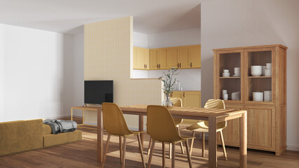 Modern scandinavian dining and living room in white and yellow tones. Wooden table with chairs, partition wall over kitchen. Cabinets and sofa. Minimal interior design