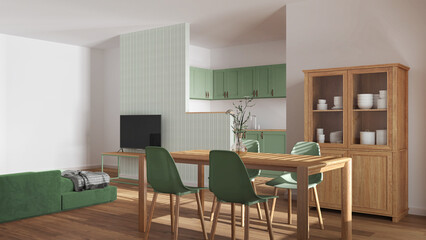 Modern scandinavian dining and living room in white and green tones. Wooden table with chairs, partition wall over kitchen. Cabinets and sofa. Minimal interior design