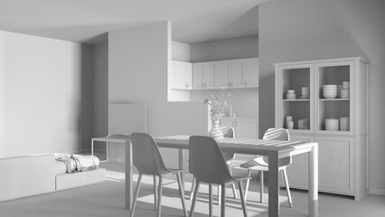 Total white project draft, modern scandinavian dining and living room. Wooden table with chairs, partition wall over kitchen. Cabinets and sofa. Minimal interior design