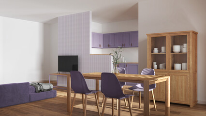 Modern scandinavian dining and living room in white and purple tones. Wooden table with chairs, partition wall over kitchen. Cabinets and sofa. Minimal interior design