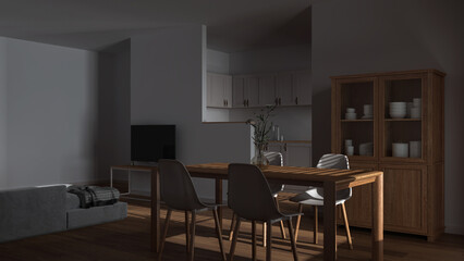 Dark late evening scene, modern scandinavian dining and living room. Wooden table with chairs, partition wall over kitchen. Cabinets and sofa. Minimal interior design