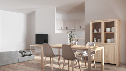 Naklejka na ściany i meble Modern scandinavian dining and living room in white tones. Bleached wooden table with chairs, partition wall over kitchen. Cabinets and sofa. Minimal interior design