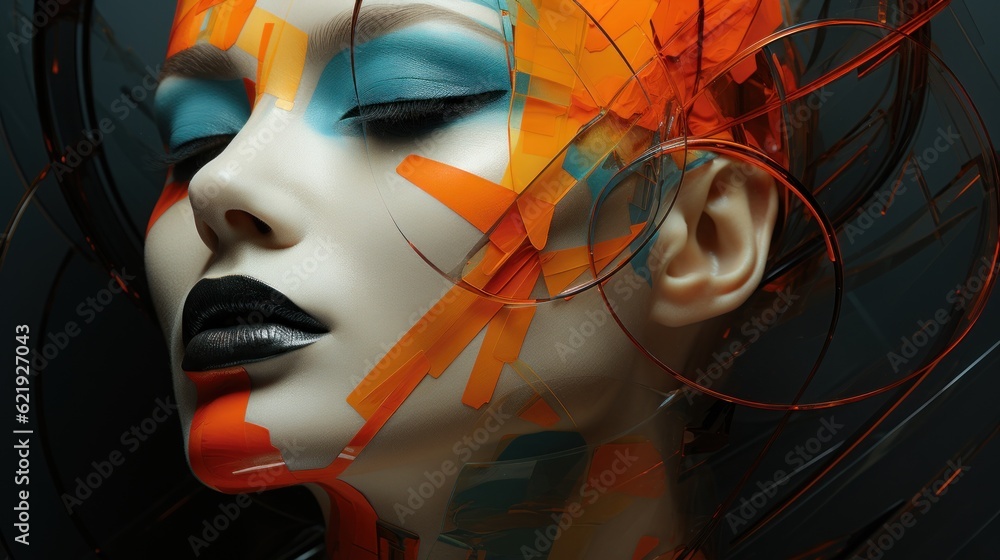 Poster a close up of a mannequin's face with colorful paint on it. generative ai image.