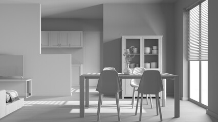Total white project draft, minimal dining and living room. Wooden table with chairs, partition wall over japandi kitchen. Scandinavian modern interior design