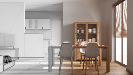 Architect interior designer concept: hand-drawn draft unfinished project that becomes real, minimal dining and living room. Partition wall over japandi kitchen. Scandinavian style