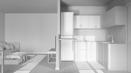 Total white project draft, modern scandinavian kitchen and living room. Partition wall over cabinets and appliances. Sofa and parquet floor. Minimal wooden interior design