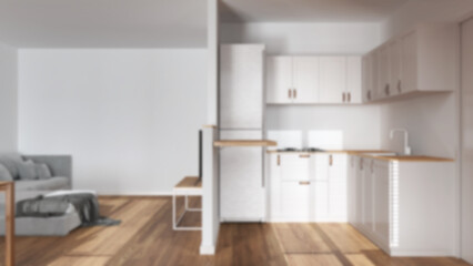 Fototapeta na wymiar Blurred background, modern scandinavian kitchen and living room. Partition wall over cabinets and appliances. Sofa and parquet floor. Minimal wooden interior design