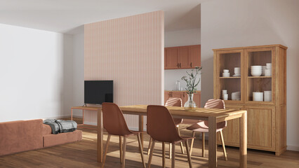 Scandinavian wooden dining and living room in white and orange tones. Table with chairs, partition wall over kitchen. Cabinets and decors. Minimal interior design
