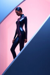young futuristic woman in a body latex suit in front of a minimal architectural backdrop in pink and blue tones, fictional person created with generative ai
