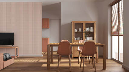 Minimal dining and living room in white and orange tones. Wooden table with chairs, partition wall with wallpaper over contemporary kitchen. Japandi modern interior design
