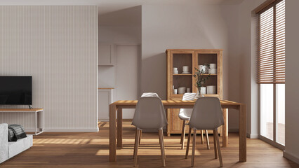 Minimal dining and living room in white tones. Wooden table with chairs, partition wall with wallpaper over contemporary kitchen. Japandi modern interior design
