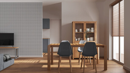Minimal dining and living room in white and gray tones. Wooden table with chairs, partition wall with wallpaper over contemporary kitchen. Japandi modern interior design