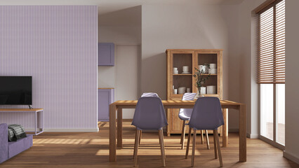 Minimal dining and living room in white and purple tones. Wooden table with chairs, partition wall with wallpaper over contemporary kitchen. Japandi modern interior design