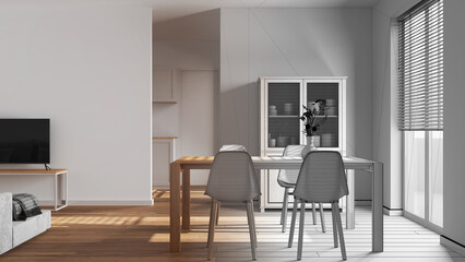 Architect interior designer concept: hand-drawn draft unfinished project that becomes real, minimal dining and living room. Partition wall over contemporary kitchen. Japandi style