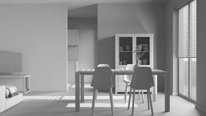 Total white project draft, minimal dining and living room. Wooden table with chairs, partition wall over contemporary kitchen. Japandi modern interior design