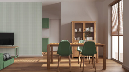 Minimal dining and living room in white and green tones. Wooden table with chairs, partition wall with wallpaper over contemporary kitchen. Japandi modern interior design