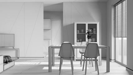 Blueprint unfinished project draft, minimal dining and living room. Wooden table with chairs, partition wall over contemporary kitchen. Japandi modern interior design