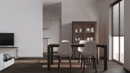 Minimal dining and living room in white tones. Dark wooden table with chairs, partition wall over contemporary kitchen. Japandi modern interior design