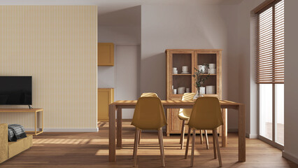 Minimal dining and living room in white and yellow tones. Wooden table with chairs, partition wall with wallpaper over contemporary kitchen. Japandi modern interior design