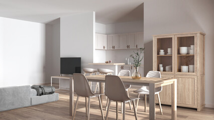 Obraz na płótnie Canvas Modern scandinavian dining and living room in white tones. Bleached wooden table with chairs, island with stools. Partition wall over kitchen. Minimal interior design
