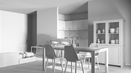 Total white project draft, modern scandinavian dining and living room. Wooden table with chairs, island with stools. Partition wall over kitchen. Minimal interior design