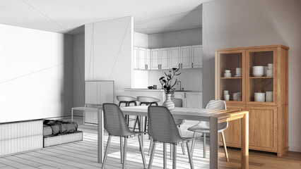Architect interior designer concept: hand-drawn draft unfinished project that becomes real, dining and living room. Table with chairs, island with stools. Minimal style