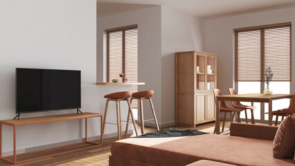 Minimal wooden living and dining room in white and orange tones. Sofa, japandi table with chairs, cabinets and partition wall, island with stools. Scandinavian interior design