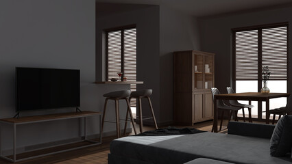 Dark late evening scene, minimal wooden living and dining room. Sofa, japandi table with chairs, cabinets and partition wall, island with stools. Scandinavian interior design