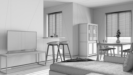 Blueprint unfinished project draft, minimal wooden living and dining room. Sofa, japandi table with chairs, cabinets and partition wall, island with stools. Scandinavian interior design