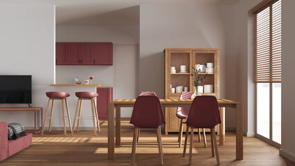 Minimal wooden dining and living room in white and red tones. Scandinavian table with chairs, partition wall with island and stools over japandi kitchen. Modern interior design