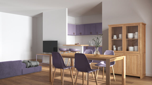 Modern scandinavian dining and living room in white and purple tones. Wooden table with chairs, island with stools. Partition wall over kitchen. Minimal interior design