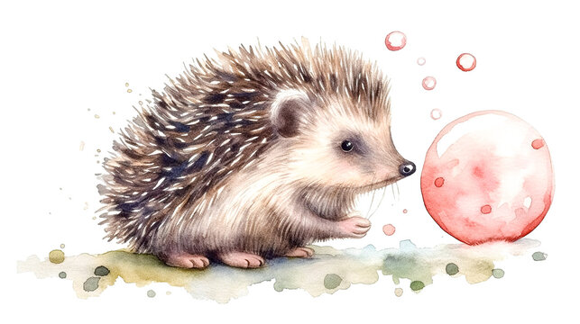 Cute baby hedgehog cartoon in watercolor painting style, generative AI.