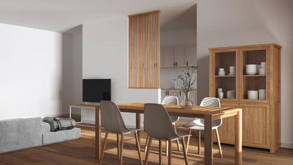 Japandi wooden dining and living room in white tones. Table with chairs, partition wall over scandinavian kitchen. Cabinets and decors. Minimal interior design