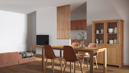 Japandi wooden dining and living room in orange and white tones. Table with chairs, partition wall over scandinavian kitchen. Cabinets and decors. Minimal interior design