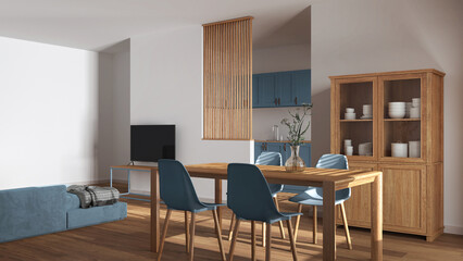 Japandi wooden dining and living room in blue and white tones. Table with chairs, partition wall over scandinavian kitchen. Cabinets and decors. Minimal interior design
