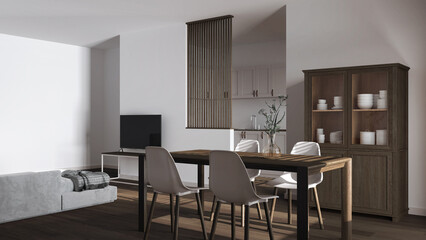 Naklejka na ściany i meble Japandi dark wooden dining and living room in white tones. Table with chairs, partition wall over scandinavian kitchen. Cabinets and decors. Minimal interior design