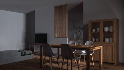 Dark late evening scene, japandi bleached wooden dining and living room. Table with chairs, partition wall over scandinavian kitchen. Cabinets and decors. Minimal interior design