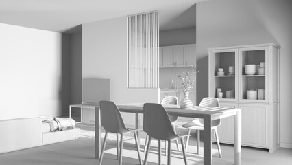 Total white project draft, japandi bleached wooden dining and living room. Table with chairs, partition wall over scandinavian kitchen. Cabinets and decors. Minimal interior design