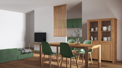 Japandi wooden dining and living room in green and white tones. Table with chairs, partition wall over scandinavian kitchen. Cabinets and decors. Minimal interior design