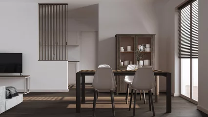 Fototapete Japandi Scandinavian dark wooden dining and living room in white tones. Table with chairs, partition wall over modern kitchen. Parquet floor and decors. Minimal interior design  © ArchiVIZ