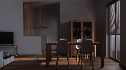 Fototapeta na wymiar Dark late evening scene, scandinavian wooden dining and living room. Table with chairs, partition wall over scandinavian kitchen. Parquet and decors. Minimal interior design