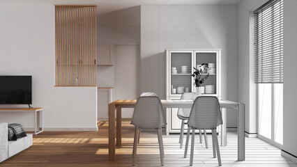 Fototapeta premium Architect interior designer concept: hand-drawn draft unfinished project that becomes real, dining and living room. Table with chairs, partition wall over kitchen. Minimal style
