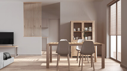 Scandinavian bleached wooden dining and living room in white tones. Table with chairs, partition wall over modern kitchen. Parquet floor and decors. Minimal interior design
