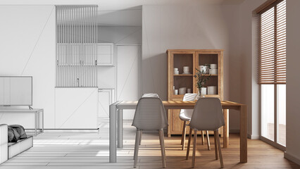 Architect interior designer concept: hand-drawn draft unfinished project that becomes real, dining and living room. Table with chairs, partition wall over kitchen. Minimal style
