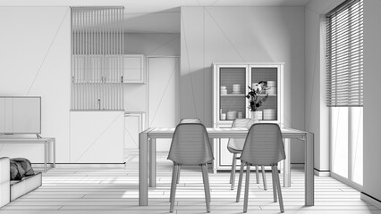 Blueprint unfinished project draft, scandinavian wooden dining and living room. Table with chairs, partition wall over modern kitchen. Minimal interior design