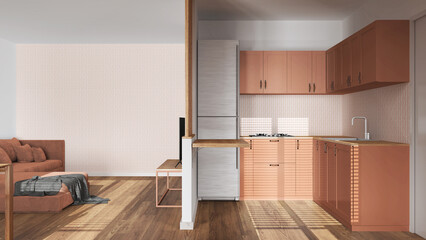 Modern scandinavian kitchen and living room in white and orange tones. Partition wall, cabinets and...