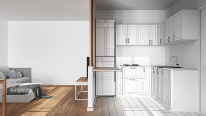 Architect interior designer concept: hand-drawn draft unfinished project that becomes real, modern kitchen and living room. Partition wall, cabinets and shelf. Minimal style