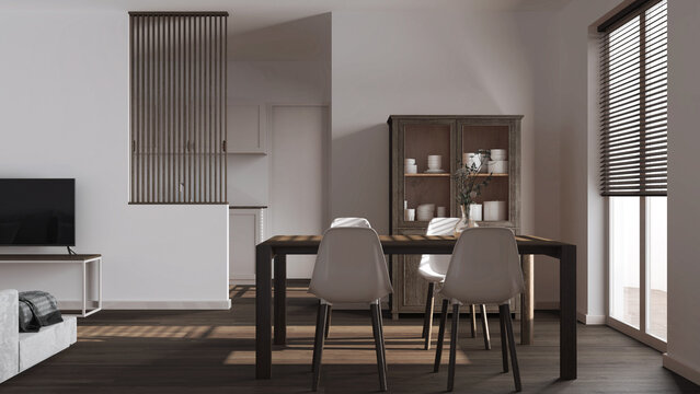 Scandinavian dark wooden dining and living room in white tones. Table with chairs, partition wall over modern kitchen. Parquet floor and decors. Minimal interior design