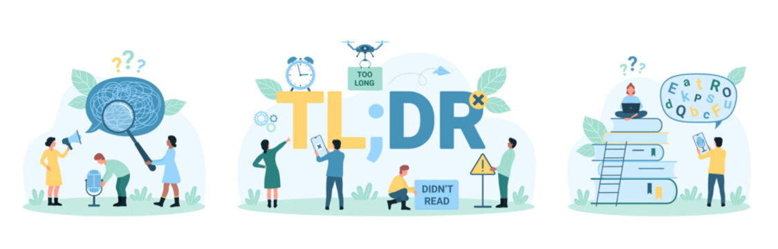 Bad communication set vector illustration. Cartoon tiny people standing at TLDR abbreviation, holding microphone, megaphone and magnifying glass to research and understand jargon words and slang